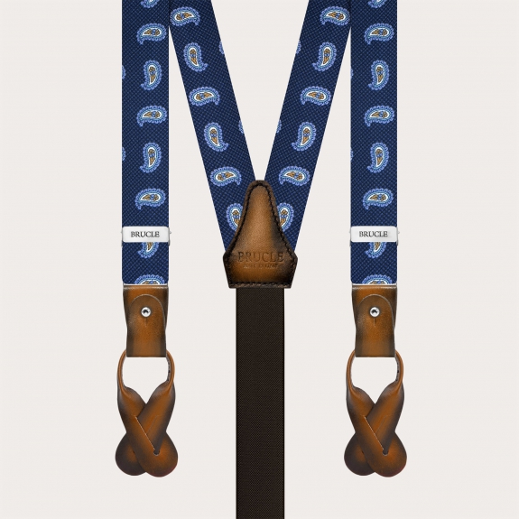 Narrow blue paisley silk suspenders with hand-painted leather