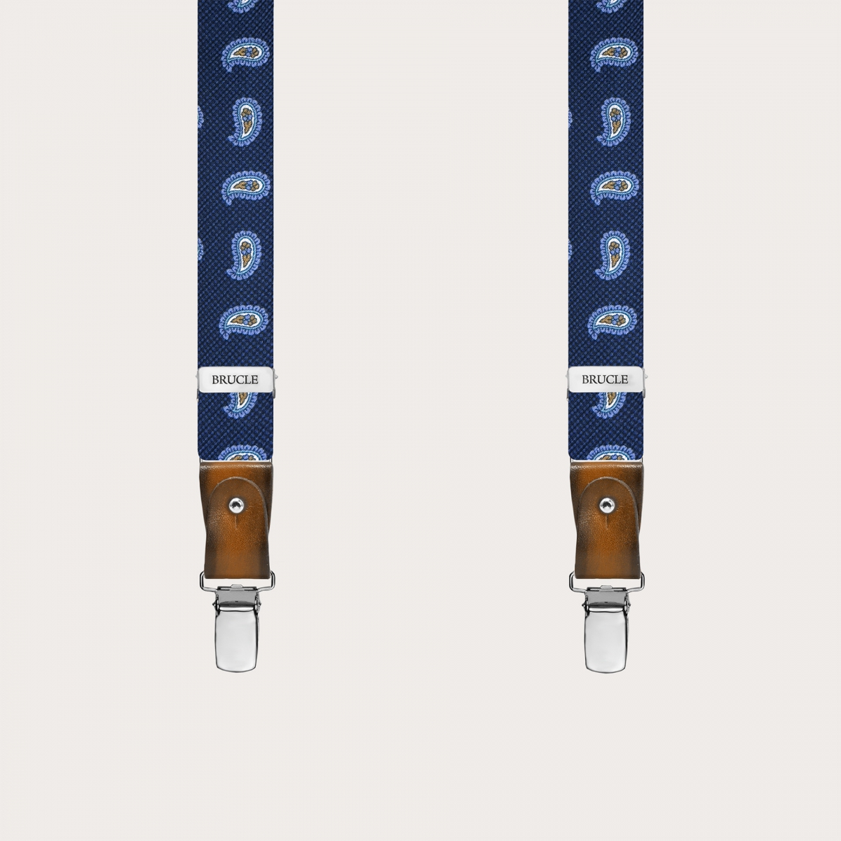 Schmale Hosenträger aus blauer Paisley-Seide mit handgefärbtem Leder