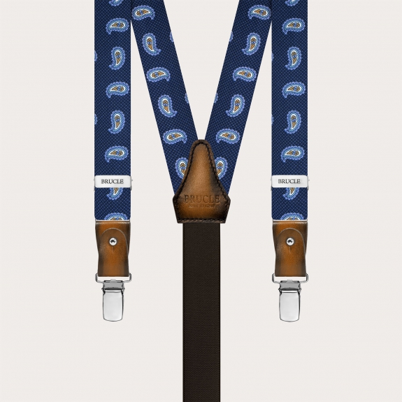 Narrow blue paisley silk suspenders with hand-painted leather