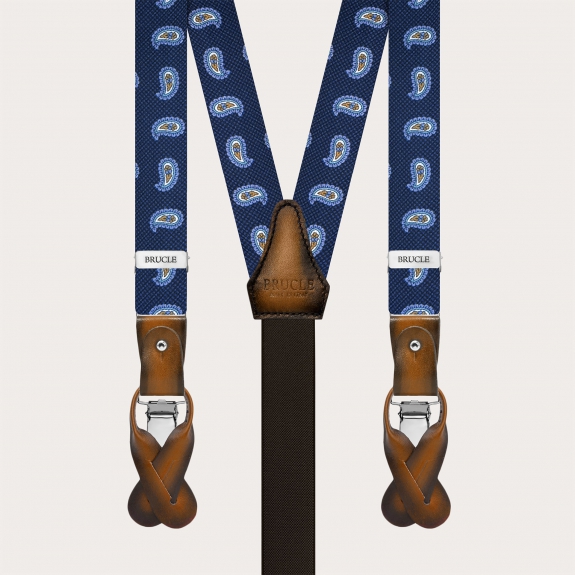 Bretelle e papillon coordinati in seta paisley blu