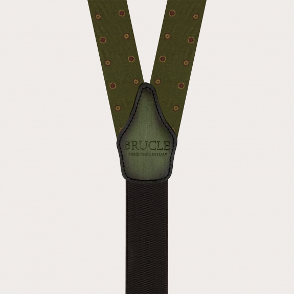 Green floral silk suspenders with hand-painted leather and buttonholes