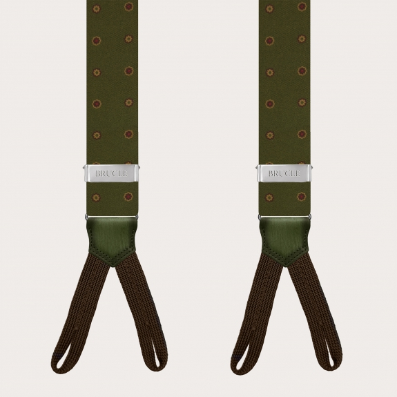 Green floral silk suspenders with hand-painted leather and buttonholes