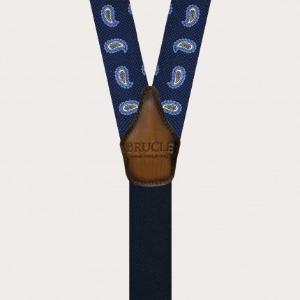 Blue silk suspenders with macro paisley and buttonholes