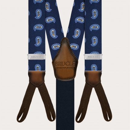 Blue silk suspenders with macro paisley and buttonholes