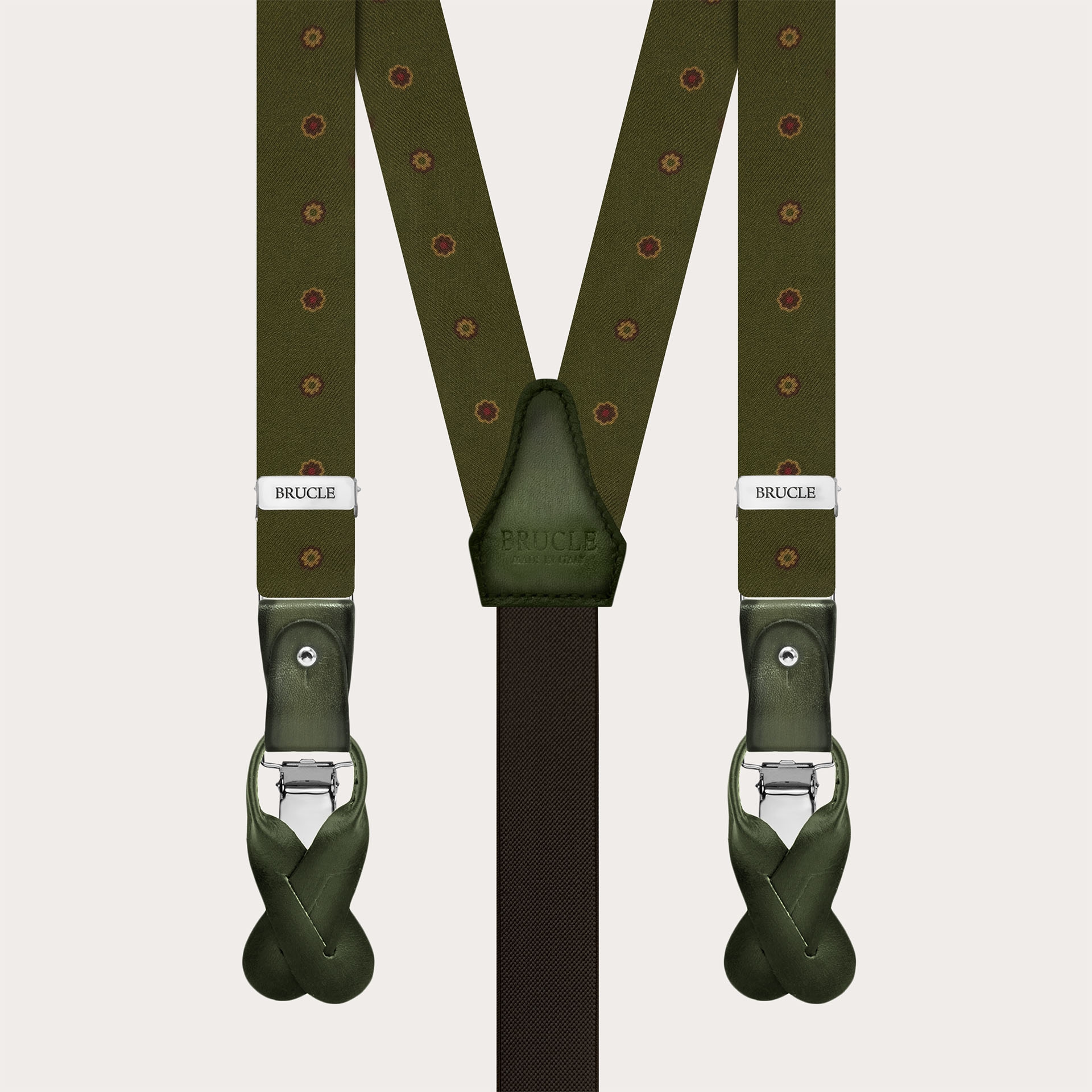 Green Floral Silk Suspenders with Hand-Colored Leather
