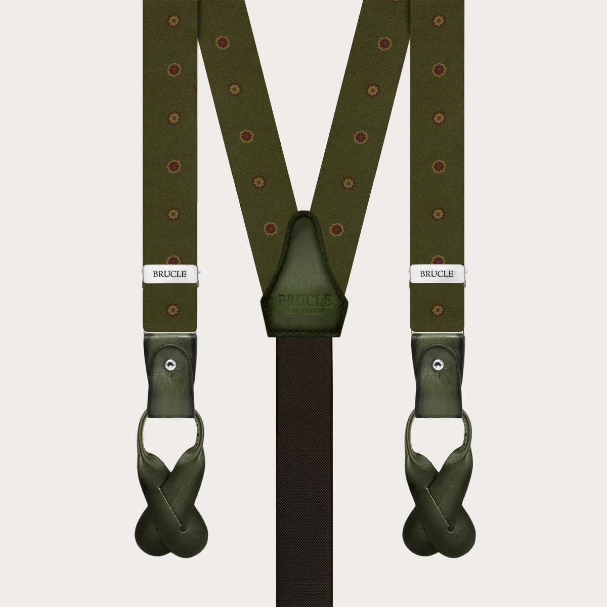 Green Floral Silk Suspenders with Hand-Colored Leather