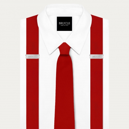 Ensemble coordonné de bretelles et cravate en satin de soie, rouge