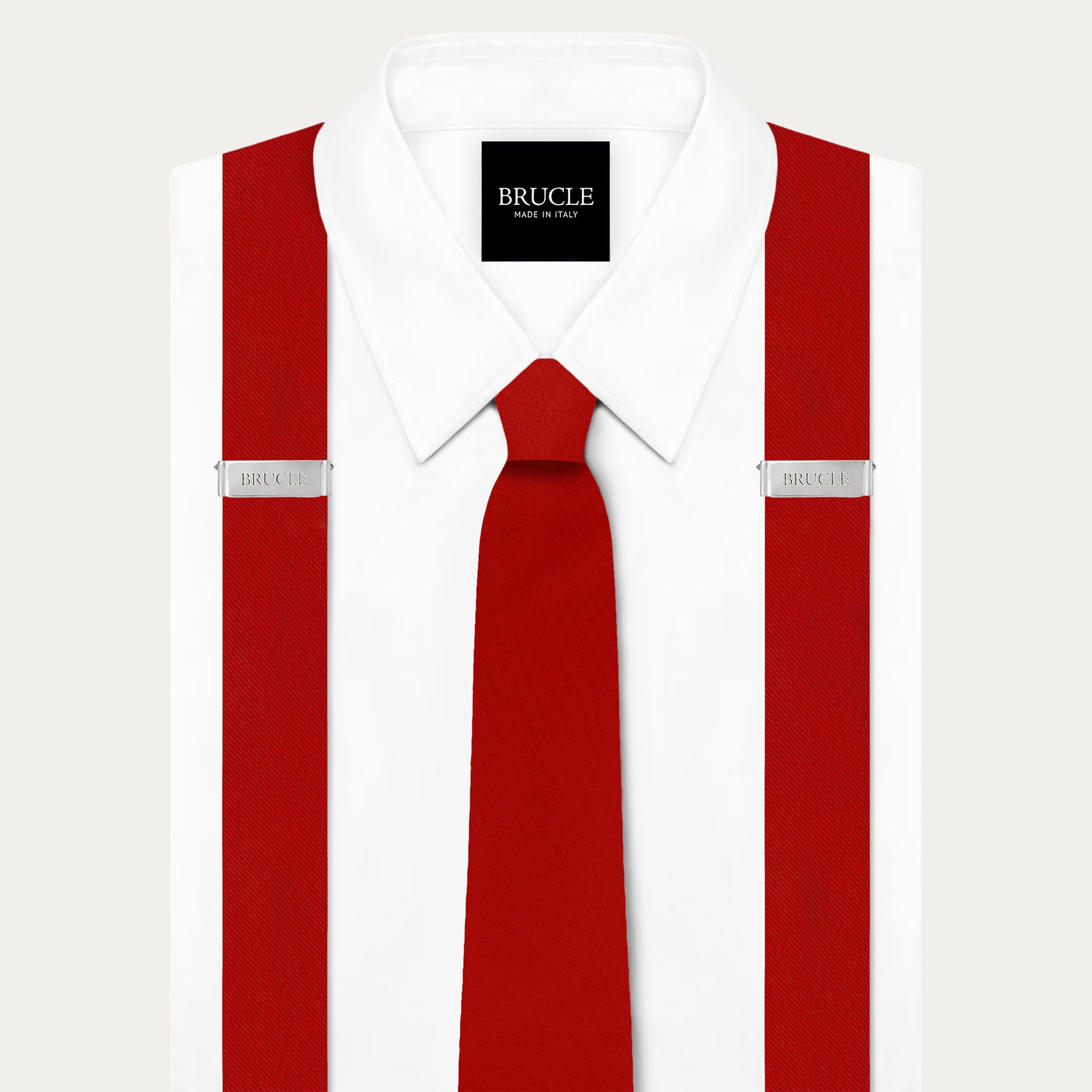 Ensemble coordonné de bretelles et cravate en satin de soie, rouge