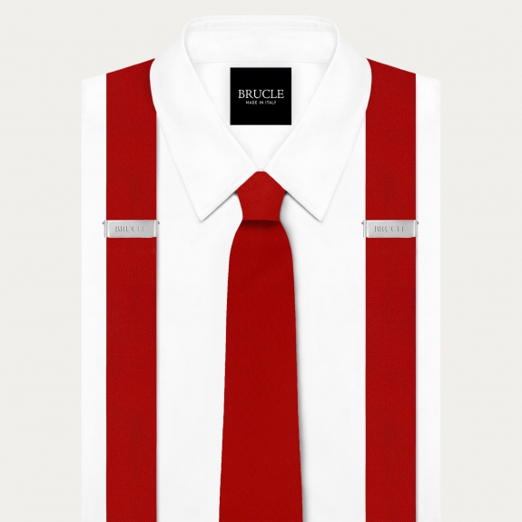 Coordinated set of silk satin suspenders and tie, red