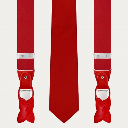 Coordinated set of silk satin suspenders and tie, red