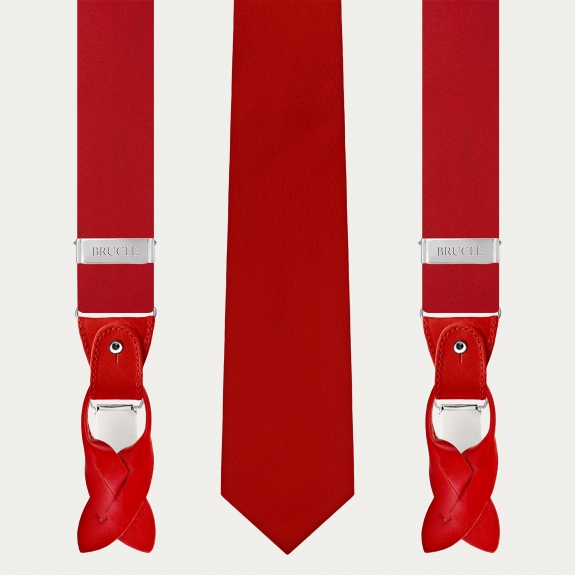 Set bretelle e cravatta coordinate in raso di seta, rosso