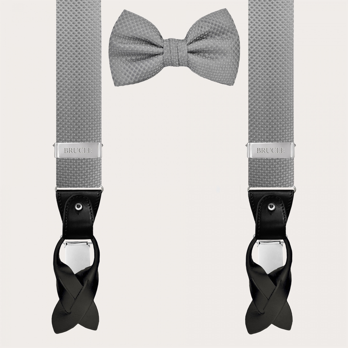 Grey silk suspenders and bow tie set with pin dots