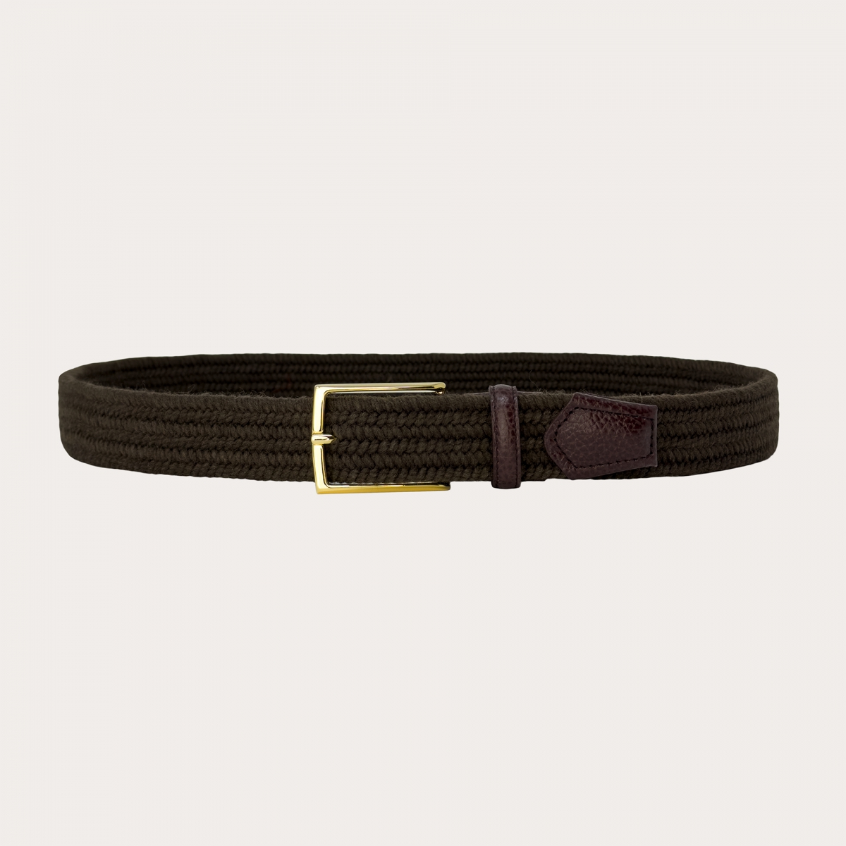 Brown elastic wool braided belt with gold buckle