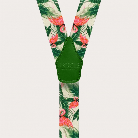 Satin-effect elastic suspenders, flamingo pattern