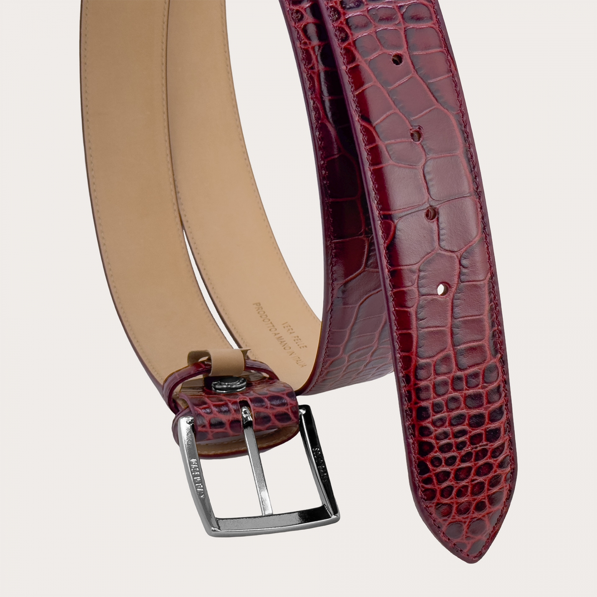 Bordeaux high belt with crocodile print | BRUCLE Luxury belts