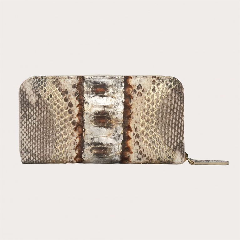 Python leder Damen-Geldbörse mit umlaufenden Reißverschluss beige golden braun