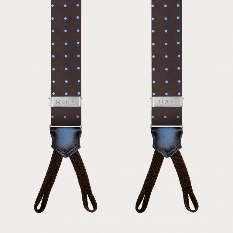 Brown polka dot silk suspenders with button loops