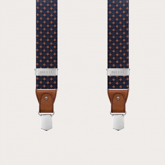 Bretelles homme en soie bleue à pois marron