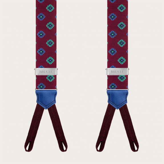 Burgundy silk suspenders with blue flowers for buttons