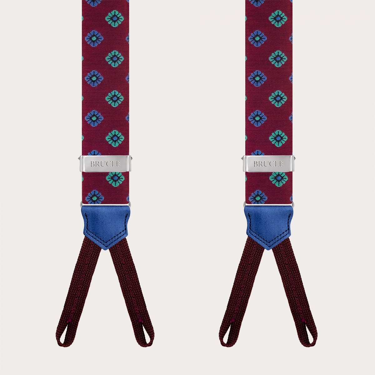 Bretelle in seta bordeaux con fiori azzurri per bottoni