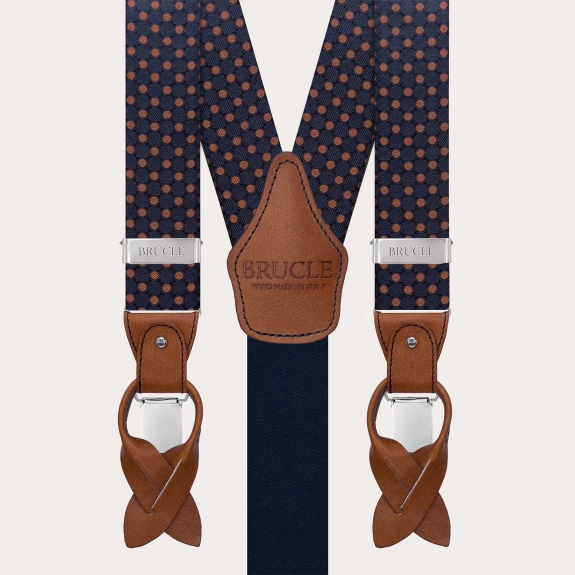 Matching suspenders and bow tie set in blue silk with brown polka dots