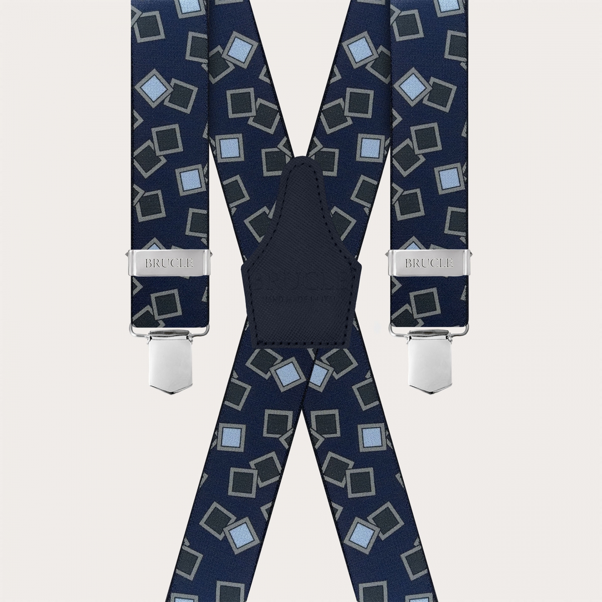 Bretelle a X fantasia blu e azzurre con 4 clip