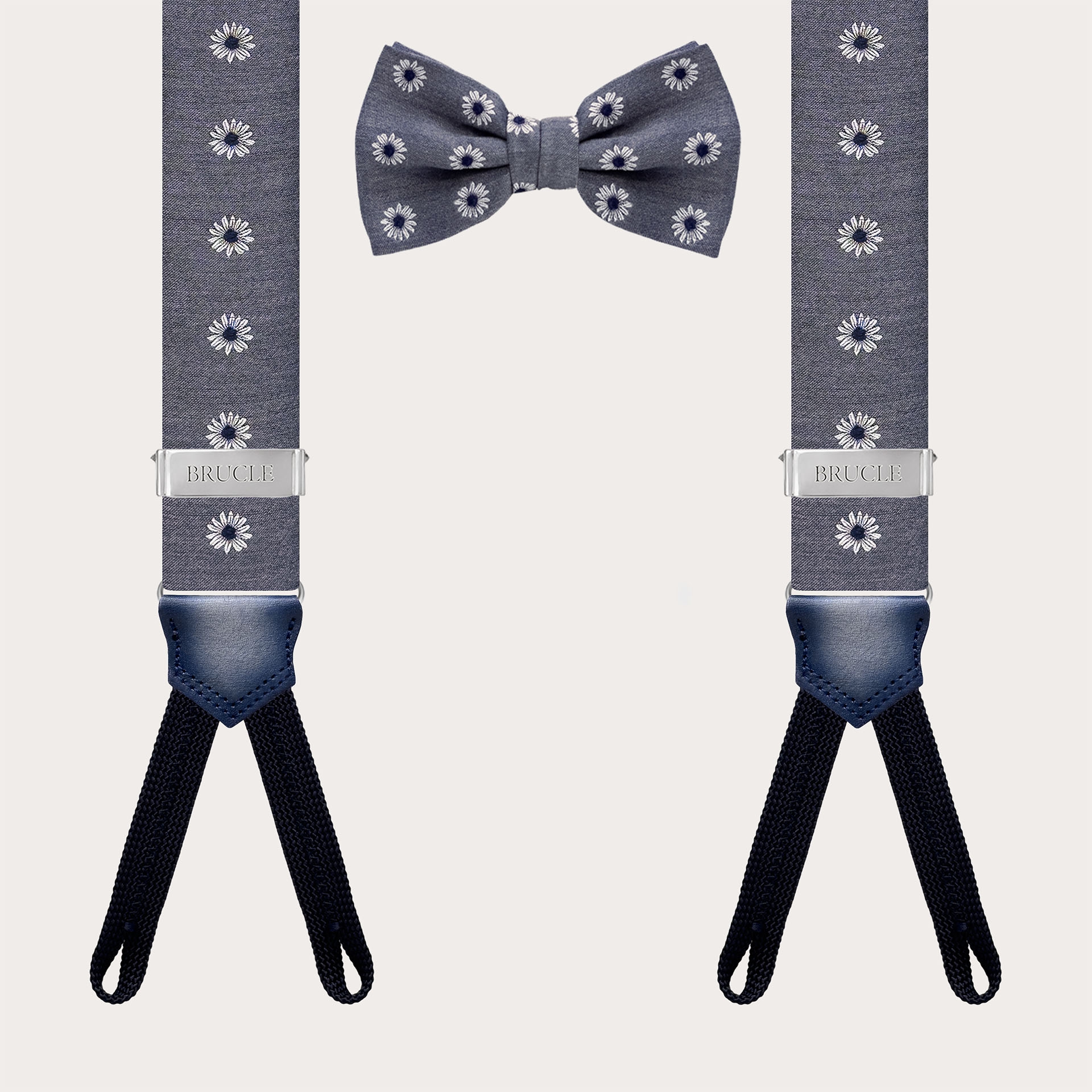 Matching suspenders and bow tie in grey floral silk