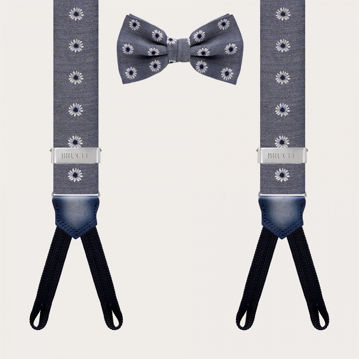 Matching suspenders and bow tie in grey floral silk