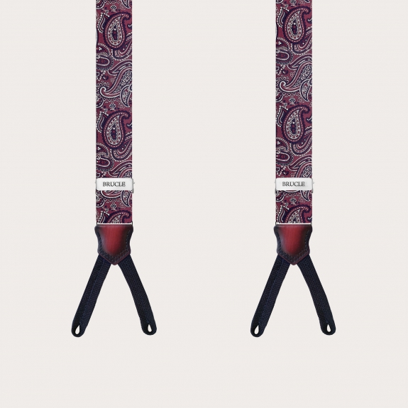 Narrow paisley bordeaux silk suspenders for buttons