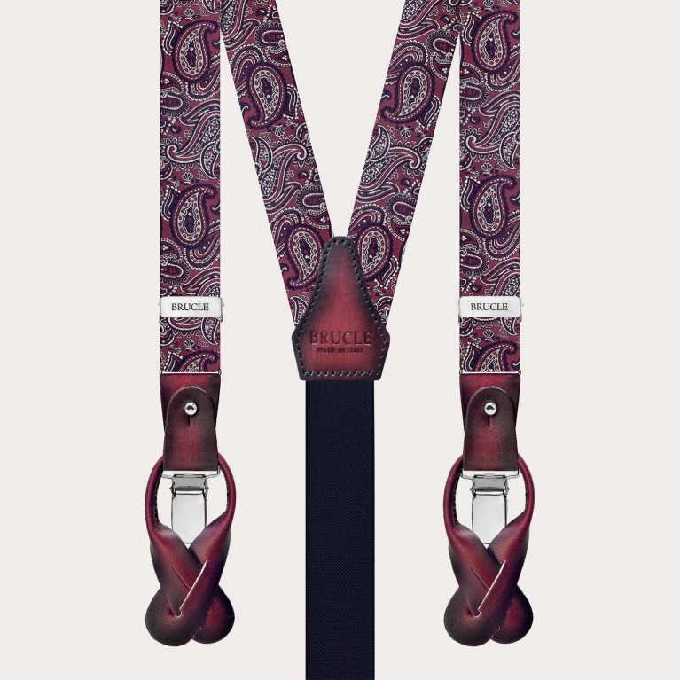 Narrow silk suspenders for buttons or clips, paisley bordeaux