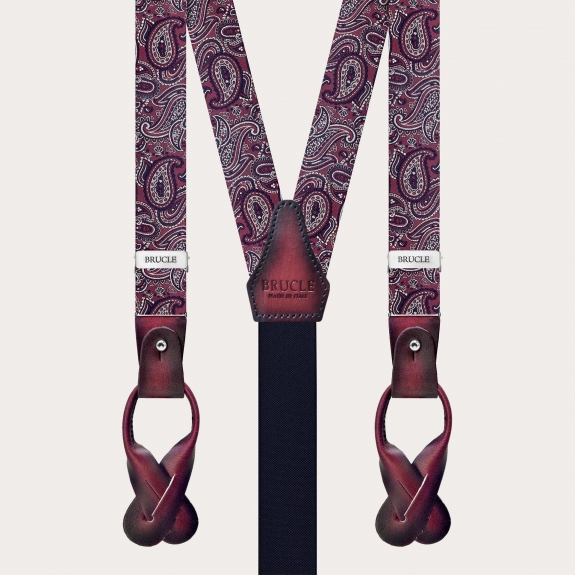 Bretelles fines en soie pour boutons ou clips, paisley bordeaux
