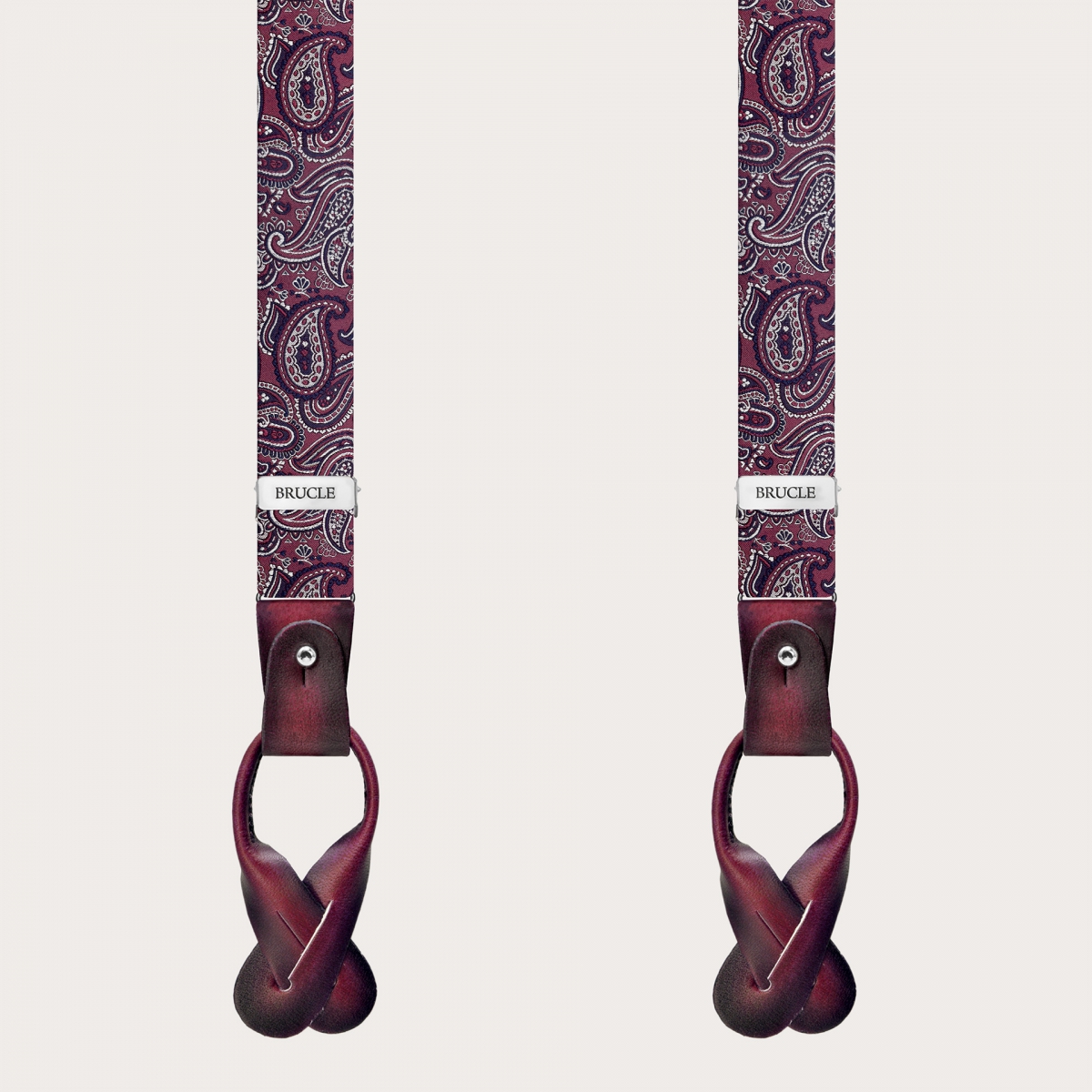 Narrow silk suspenders for buttons or clips, paisley bordeaux
