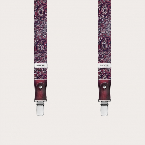 Bretelles fines en soie pour boutons ou clips, paisley bordeaux