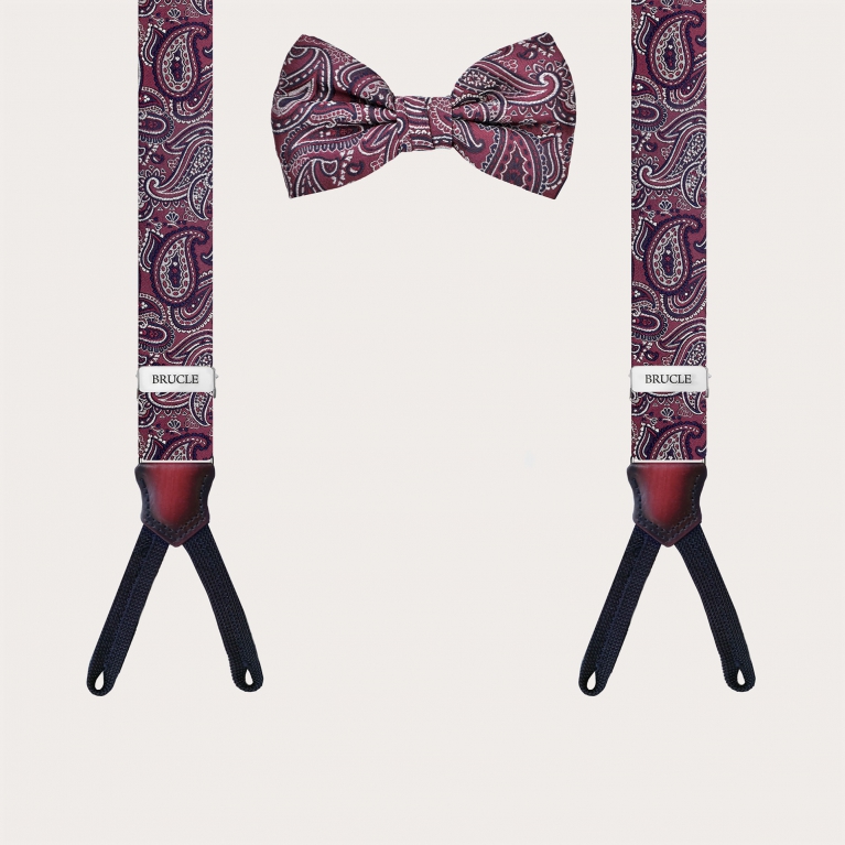 Coordinated set of suspenders for buttons and bordeaux paisley bow tie