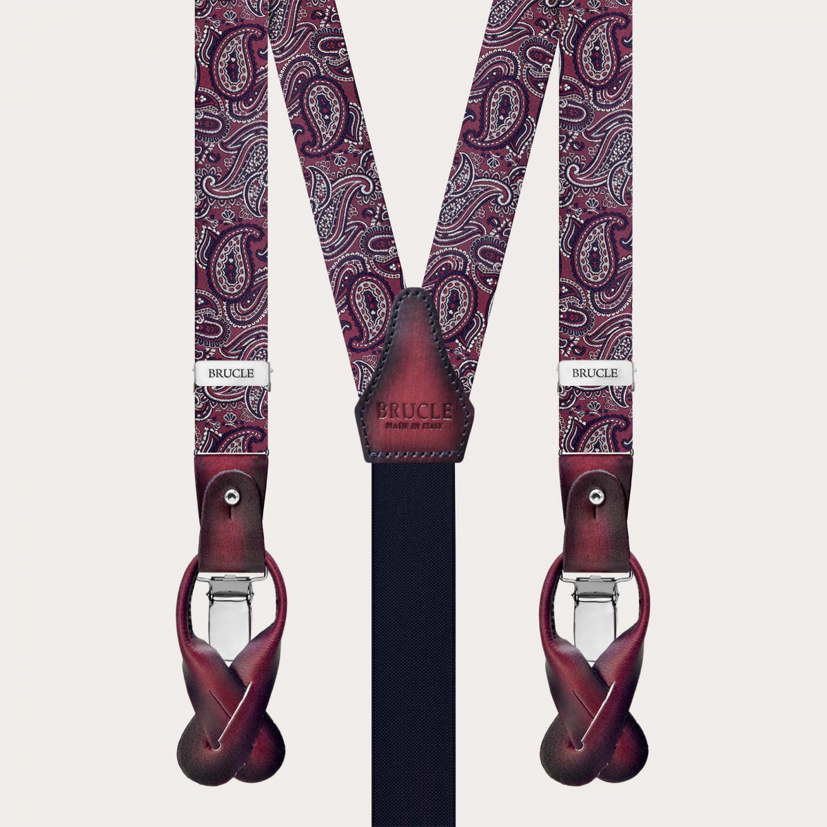 Coordinated bordeaux paisley set of silk suspenders and bow tie