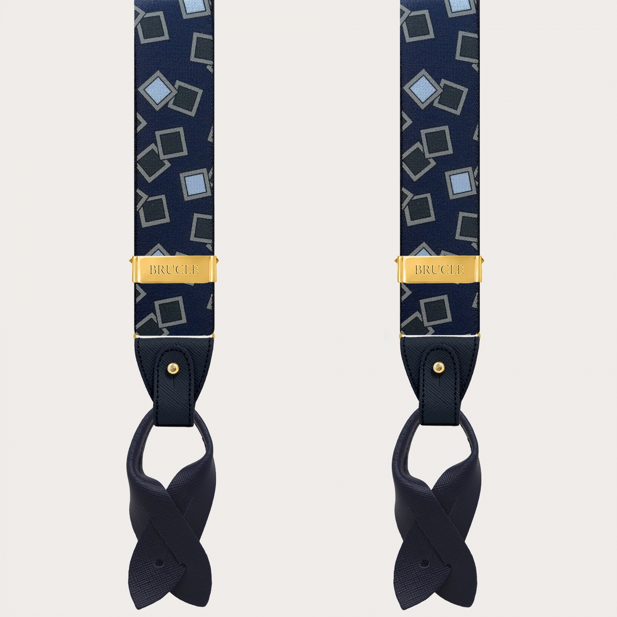 Hosenträger mit goldfarbenen Metallteilen, blaues und hellblaues Muster