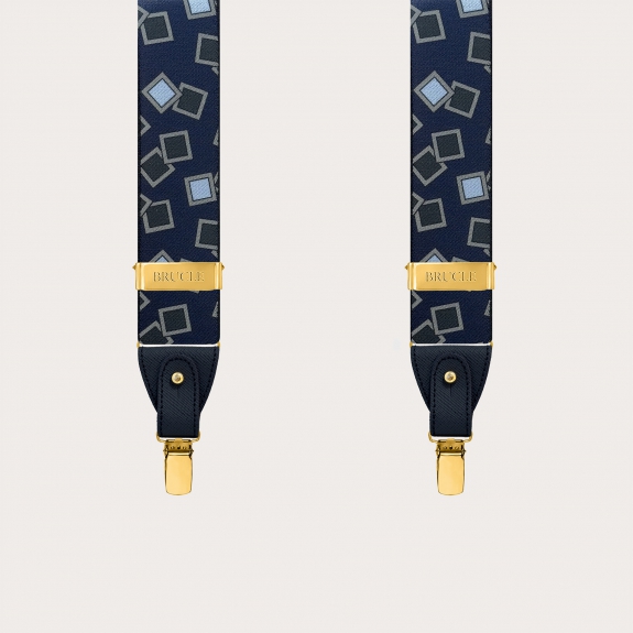 Tirantes con partes metálicas doradas, estampado azul y celeste