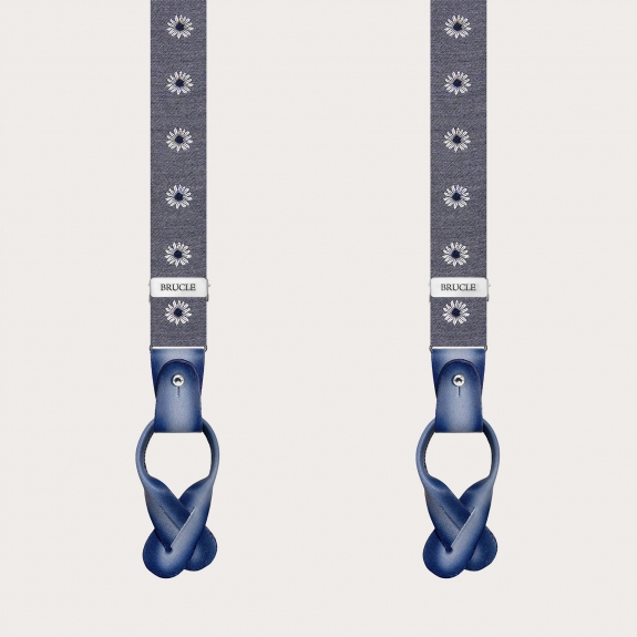 Narrow grey floral suspenders for buttons with clips or button tabs