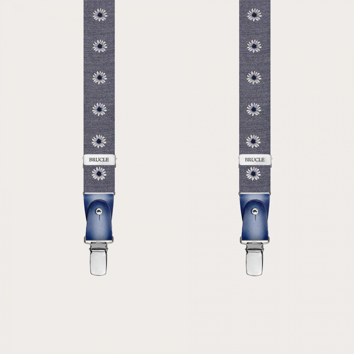 Narrow grey floral suspenders for buttons with clips or button tabs