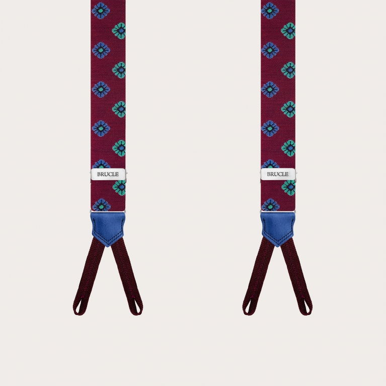Narrow silk suspenders with button loops, burgundy with floral pattern