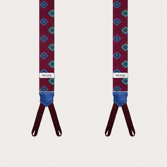 Narrow silk suspenders with button loops, burgundy with floral pattern