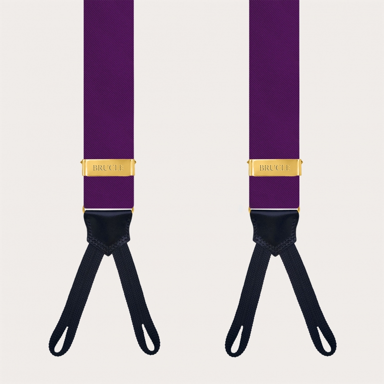 Purple silk suspenders for buttons with gold adjusters
