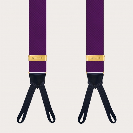 Bretelles violettes en soie pour boutons avec régleurs dorés