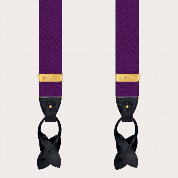 Bretelles en soie violettes pour hommes avec parties métalliques dorées pour clips ou boutons.
