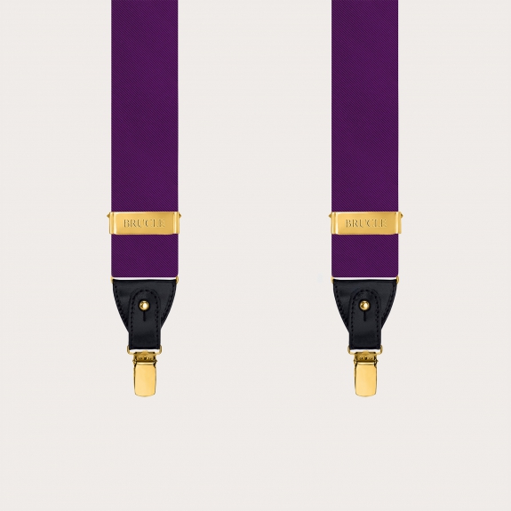 Purple silk men's suspenders with gold metal parts for clips or buttons.