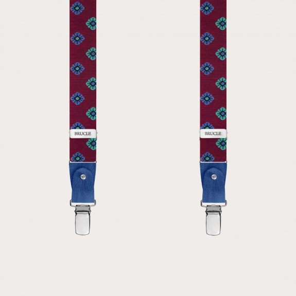 Narrow burgundy silk suspenders with floral pattern, for buttons or clips