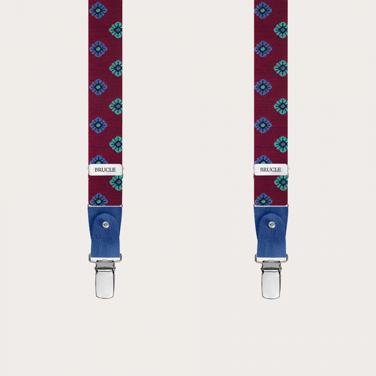 Narrow burgundy silk suspenders with floral pattern, for buttons or clips