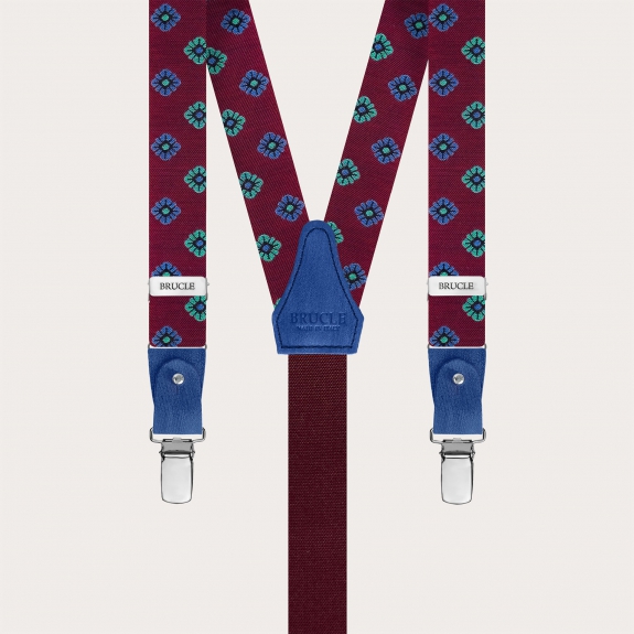 Narrow burgundy silk suspenders with floral pattern, for buttons or clips