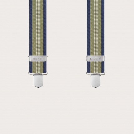 Wide suspenders with green and blue stripes, clip-on only