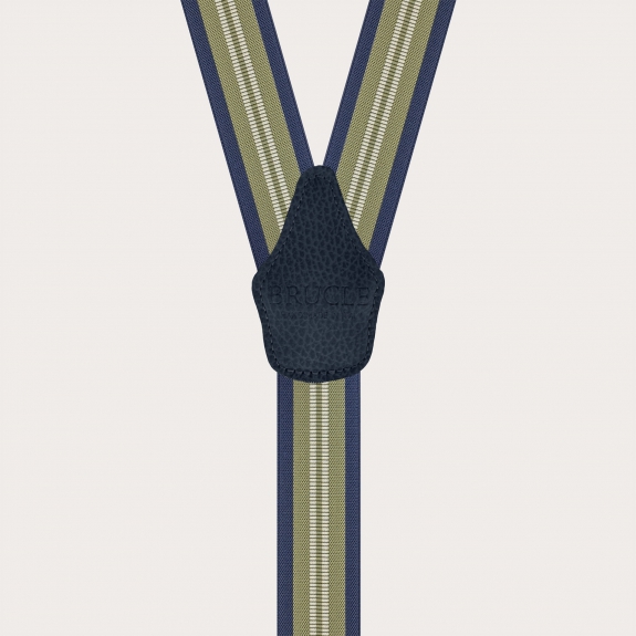 Wide suspenders with green and blue stripes, clip-on only